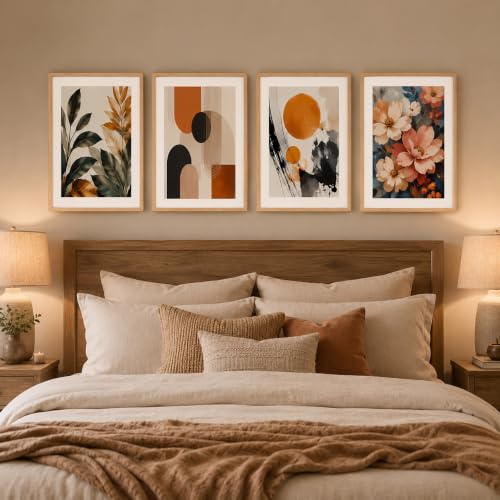 Image of Livin'luxe Set of 4 Botanical Floral & Geometric Abstract Wall Paintings with Sparkle Laminate and Premium Wooden Synthetic Frame for Living Room Bedroom Office Decor (13.5 x 19.5 Inch)