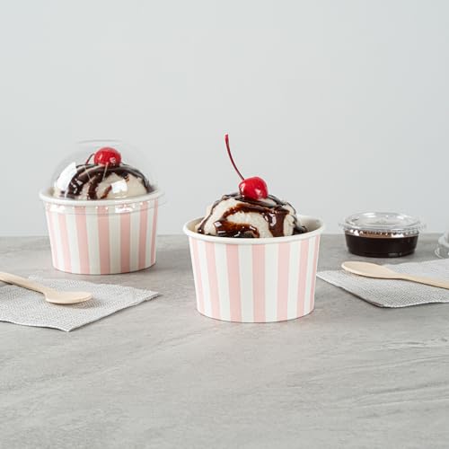 Image of Restaurantware Coppetta 5-Ounce Dessert Cups, 50 Disposable Ice Cream Cups - Lids Sold Separately, Striped, Pink And White Paper FroYo Bowls, For Hot And Cold Foods, Perfect For Gelato Or Mousse