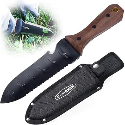 PERWIN Hori Hori Garden Knife, Garden Tools with Sheath for Weeding,Planting,Digging, 7" Stainless Steel Blade with Cutting Edge, Full-Tang Wood Handle with Hanging Hole Cover
