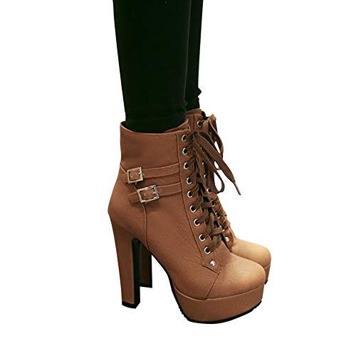 Susanny Women Autumn Round Toe Lace Up Ankle Buckle Chunky High Heel Platform Knight Brown Martin Boots 8.5 B (M) US (CN Size_41) - Thumbnail 3