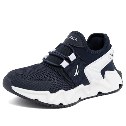 Nautica Boys Youth Slip-On Sneakers – Lightweight Bungee Running Shoes for School, Sports, and Everyday Wear-Mikyle-Navy White, Size3