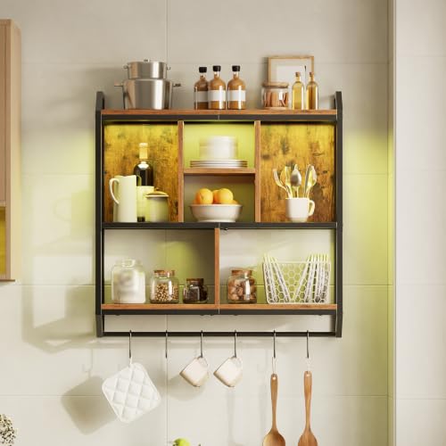 Image of HOOBRO Gaming Floating Shelf with LED Lights, 28.7 inch LED Wall Mounted Shelf, 3-Tier Display Rack for Wall Storage, Floating Rack with Hanging Rod and 6 S-Hooks, Rustic Brown and Black BF70DBJ01