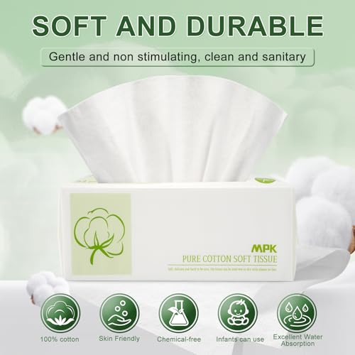 Image of MPK Disposable Face Towel - 100% Cotton Tissues, Unscented Facial Wash Cloth for Sensitive Skin, Super Soft & Thick Facial Towels, Makeup Remover Dry Wipes, 492 Count, 7.8 inches * 7.87 inches