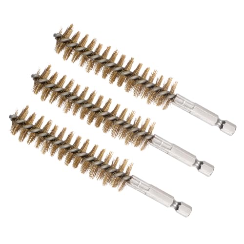 Image of Bore Brush, 19mm Dia 75mm Length, Brass Twisted Cleaning Wire Brushes with 1 /4 inch Hex Shank - (Applications: for Power Drill), 3-Pieces