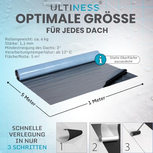 Foto von Ultiness - Dachfolie Aluminium selbstklebende Folie, Alternative zu Dachpappe selbstklebend, KSK Dachbahn für Schuppen, Carports und mehr, Folie selbstklebend silbergrau 5 x 1 Meter