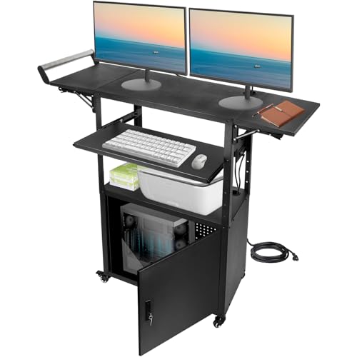 Large Mobile AV Cart with Locking Cabinet and Drop Leaves, Height Adjustable Steel AV Cart with Wheels and Power, Rolling Computer Cart with Pullout Keyboard Tray for Office, Warehouse&Classroom
