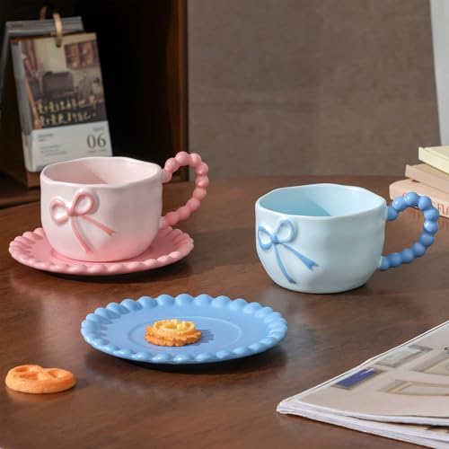 Taza de café con moño rosa Disoza 12 oz porcelana miniatura 4