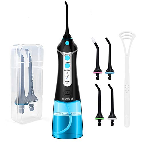 Cordless Water Flosser Teeth Cleaner, Nicefeel 300ML 2 Tip Cases Portable and USB Rechargeable Oral Irrigator for Travel, IPX7 Waterproof, 3-Mode Water Flossing with 4 Jet Tips for Home (Black)