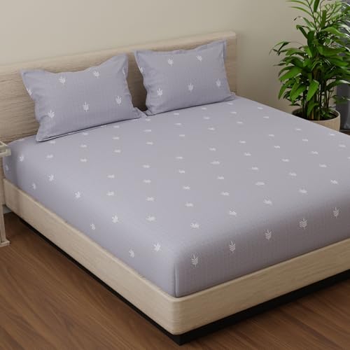 Image of Huesland by Ahmedabad Cotton 144 TC Cotton Elastic Fitted Bedsheet for Double Bed with 2 Pillow Covers | 60 x 78 inches