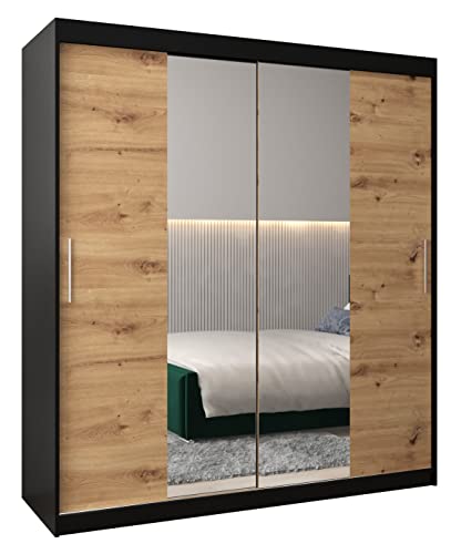 Armoire à Portes coulissantes Tokyo 1 180 Armoire avec Tringle et étagère Armoire de Chambre à Coucher avec Miroir (Noir Mat + Chêne Artisan)
