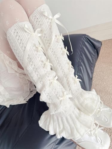 Leoparts Women's Knitted Leg Warmers Bow Flared Ruffle Trim Knee High Leg Sleeve Socks Lace-up Leg Cover for Teen Girls4