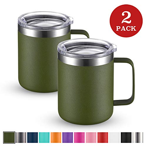 Civago Stainless Steel Coffee Mug Cup with Handle, 12 oz Double Wall Vacuum Insulated Tumbler with Lid Travel Friendly (Olive, 2 Pack)
