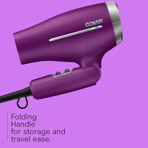 Image of Conair Worldwide Folding Handle Hair Dryer with Concentrator & Diffuser, 1875W Travel Blow Dryer with Smart Voltage Technology, Ionic Conditioning Fights Frizz, 3 Heat & 2 Speed Settings, Purple