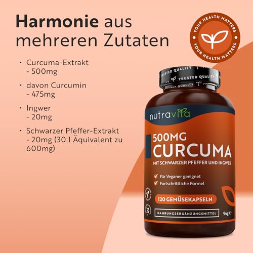 500mg Curcuma Extrakt Kapseln - 120 Kapseln - Mit 95% reinstem Curcumin - Laborgetestet - Mit Pfeffer & Ingwer - Curcuma Kapseln - Hochdosiert - Nutravita Kurkuma