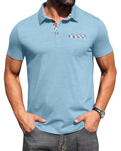 Polo homme manches courtes t-shirt été décontracté affaires col carreaux et poche poitrine