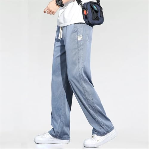 Men's Summer Thin Baggy Jeans Fabric Soft Drape Pants Elastic Drawstring Male Straight Denim Trousers3