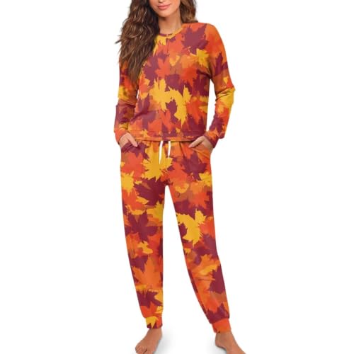 Image of Womens Lounge Set Long Sleeve Soft Pajama Sets | Casual 2 Piece Pj Outfit, Crewneck Sleepwear with Pockets, Adjustable Drawstring, Soft Comfy Fall Pajamas, Plus Size