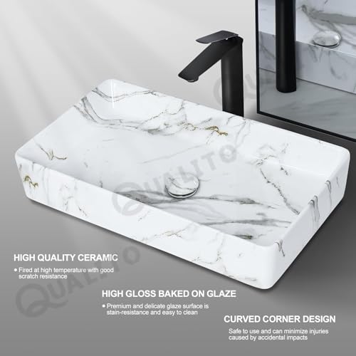 Image of QUALITO Designer Table Top Wash Basin for Bathroom, Living Room, Hall, Dinning Room | Big Size Ceramic Vessel Sink /Basin | Glossy Finish Marble Vanity Basin (24x14x5 Inch, Lito)