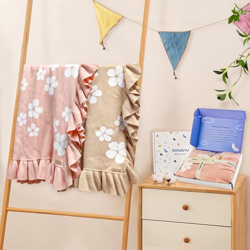 Image of Cotton Knit Baby Blanket with Ruffle Edge - Soft Baby Girl Blanket, Receiving Blanket for Newborn, Stroller & Crib Blanket, Newborn Shower Gift (Pink)