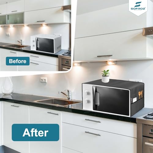 Image of Microwave Oven Cover for Durable, Waterproof and Dustproof Kitchen Protector with 4 Side Storage Pockets for Kitchen Accessories (100 x 35 cm) (Grey)
