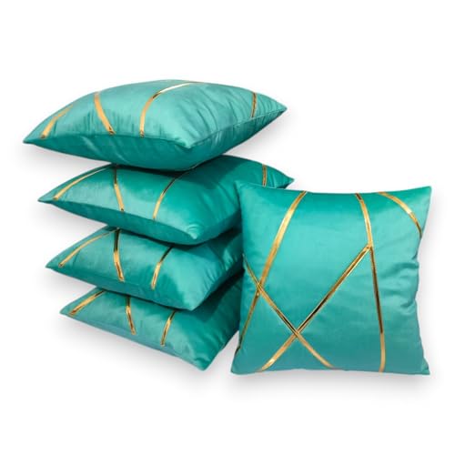 Image of Zikrak Besur Gold Stripe On Velvet|Pack of 5 Cushion Cover|for Home Decoration|Living Room Decor|Hotel Premeuim Qulaity Cushion Cover|Exclusive ON Amazon (Aqua, 22 X 22 INCH(55 X 55 CM))