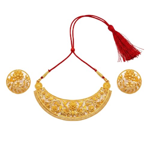 Image of Gold Plated Floral Choker Necklace Set for Women with Earrings