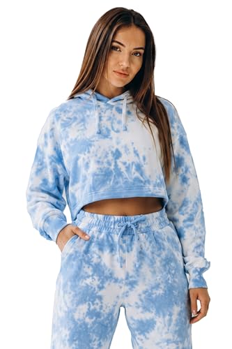 Image of NOROZE Women's Tie-Dye Long-Sleeve Crop-Top Sweatshirt Hoodie Drawstring Pullover Fleece Jumper Tops (12, Blue)