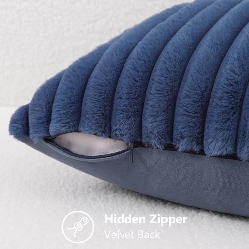 Image of decorUhome Fall Cozy Faux Fur Throw Pillow Covers 14x36 Pack of 1 Decorative Soft Plush Striped Lumbar Coastal Modern Farmhouse Boho Couch Pillow Cases with Velvet Back for Sofa Bed, Navy Blue