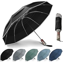 Urvoix Compact Golf Umbrellas Windproof, Travel Umbrella for Rain, 10 Ribs Aluminum Alloy & Fiberglass w/Reflective Stripe, Double Canopy Automatic Anti-bounce Close
