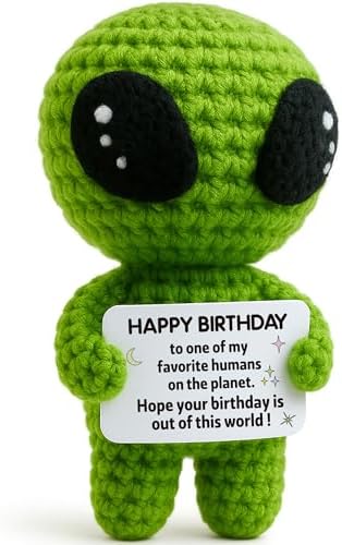 Funny Birthday Gifts for Man or Woman - Handmade Crochet Alien Plush with Inspirational Birthday Message - Small Bday Stuff for Friends, Teens, Coworkers, Sci-Fi Lovers - Party Favor