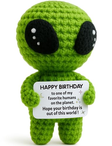 MAMAGIFTREE Birthday Gifts for Man Woman - Handmade Crochet Alien with Inspirational Funny Birthday Card - Small Bday Stuff for Friends, Teens, Coworkers