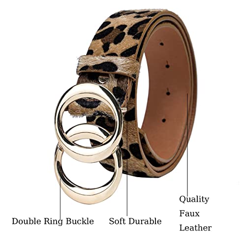 Strstar Womens Leather Belt For Jeans Pants Fashion Waist Womens Belt, Leopard Belt For Women With Gold Double Ring Buckle #TOP1