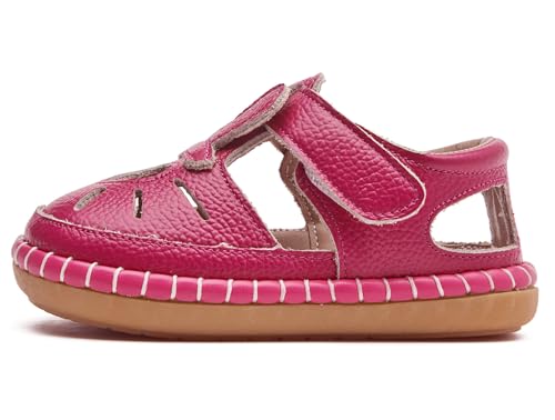 Image of DADAWEN Toddler Girls Leather Closed Toe Summer Sandals Lightweight Non-Slip Soft Sole Cute Flat Shoes Baby Flower Girl Shoes