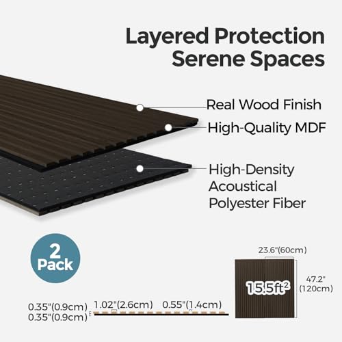 Image of AKUMAX Extra-Thick 0.7 inch Wood Slat Acoustic Wall Panels, 2 Pack 47.2 inch x 23.6 inch, 15.5 ft, NRC 0.80 Sound Absorbing 3D Slat Wall Paneling with Real Wood Veneer, E0 MDF and PET Felt, Black Walnut