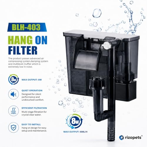 Image of Rizopets BLH-403 Hang on Filter, Aquarium Filter, 8W, 500L /H Max Output, Advanced Air Compressing System (BLH-403)