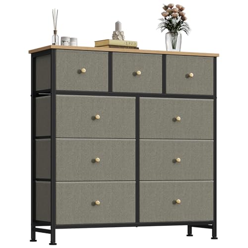 Image of OLIXIS 9 Drawer Tall Dresser for Bedroom, Closet Organizers and Storage | Fabric Dresser with Wooden Top, Chest of Drawers for Clothes Storage, Tower Cabinet, Furniture, TV Stand, Dark Green