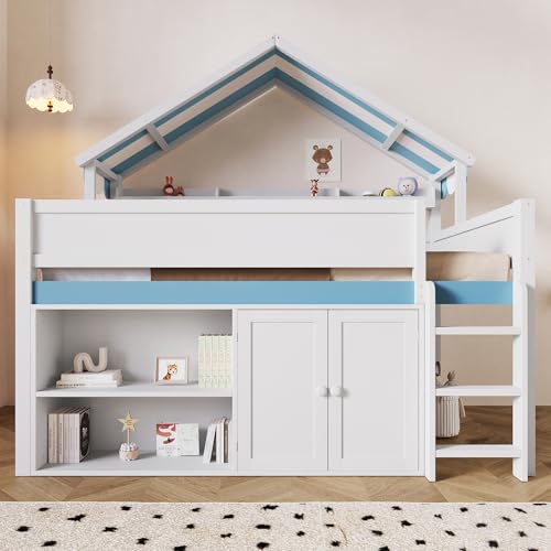 Image of Full Size House Loft Bed with Canopy Roof and Storage, Perfect for Kids' Bedroom, Sleepovers & Organized Living (White+Blue)