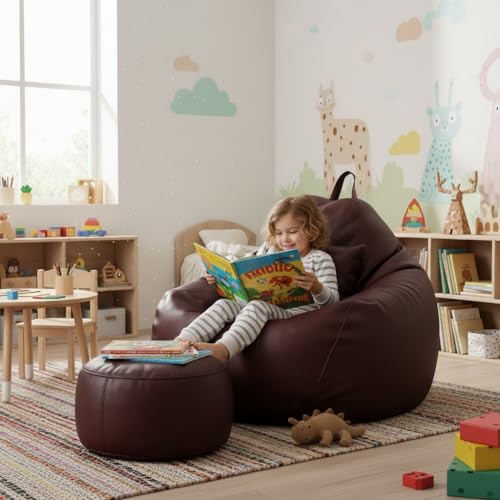 Image of KAM'S LIEU Bean Bag Chair with Footrest & Cushion | Pre-Filled Beans | PVC Leatherette Lounger Sofa | Indoor & Outdoor Bean Bag | 6 Months Warranty Size & Color- (Maroon, XXXXXL, Premium)