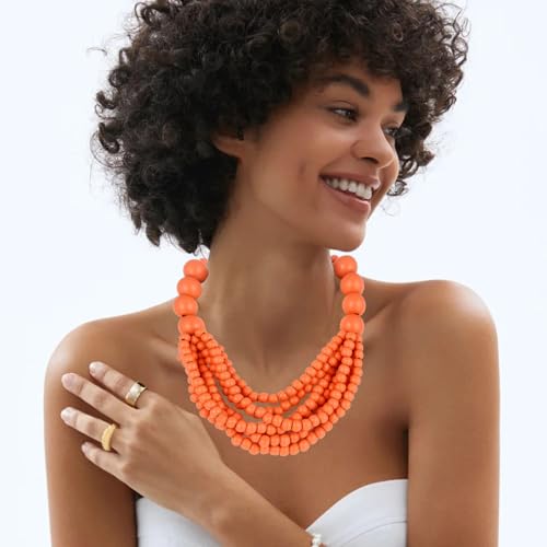 Kiszu KIS-N004-CHOKER NECKLACE ORANGLE 7 Layered Wood Beads Strand Statement Choker Necklace For Women, Africa Large And Small Round Chunky Necklace, Ethnic Colorful Bead Layered Bib Collar Necklace Hip Hop Jewelry thumb #1