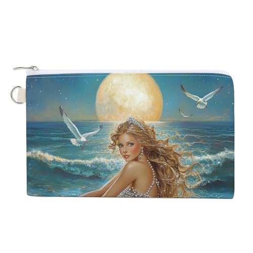 Mermaides Ocean Print Coin Purse Canvas Change Pouch Portable Pocket Wallet Mini Storage Bag with Zippered Keychain