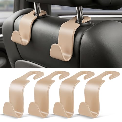 Image of SINGARO 4 Pack Car Seat Headrest Hooks, Vehicle Back Seat Hanger Storage Organizer for Purse Handbag Backpack Coat Grocery, 360 Rotating Heavy Duty Holds 44lbs, Beige