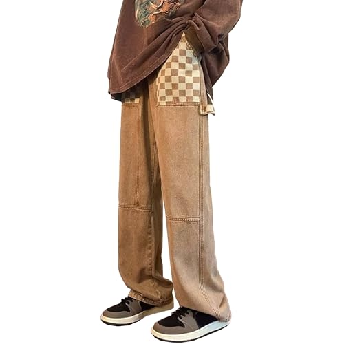 Maiyifu-GJ Men's Checkered Patchwork Jeans Wide Leg Retro Denim Pants Straight Leg Baggy Hip Hop Streetwear Jean Trousers