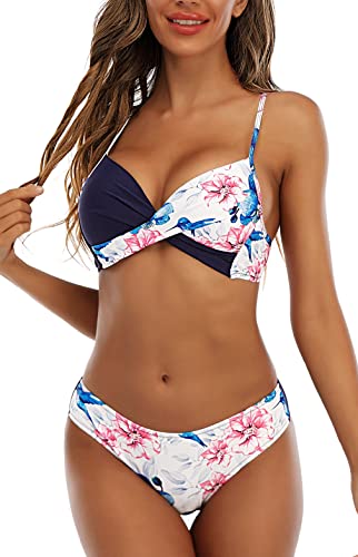 CheChury Femme Maillot De Bain 2 Pièces Sexy Push Up Tankini Amincissante Slim Taille Haute Ensemble Bikini Col en V Élégant Swimwear De Plage Imprimé Maillot De Bain Triangle Été,Marin,XXXL