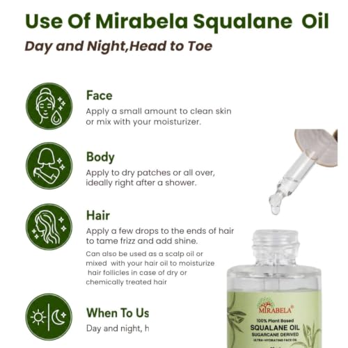 Image of Mirabela Squalane Oil for Face - Hydrating Face Oil for Glowing Skin, Hydration, Lightweight Moisturizer, 100% Plant Derived Sugarcane Squalane Oil from France, Non-Comedogenic, All Skin Types, 20ml