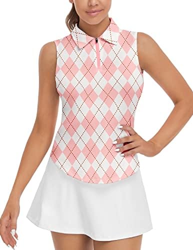 Women's Argyle Golf Shirt Sleeveless Plaid Polo Golf Shirts Quick Dry 50+ UV Protection (Pink Argyle, 2X-Large)