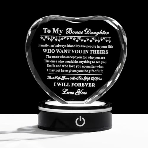 To My Bonus Daughter Gifts, Double-Sided Faceted Heart Laser-Engraved Crystal