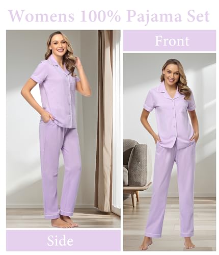 Image of CF Womens 100% Cotton Pajamas Set Button Down Pjs Sets Short Sleeve Top & Long Pants Sleepwear Comfy Loungewear with Pockets