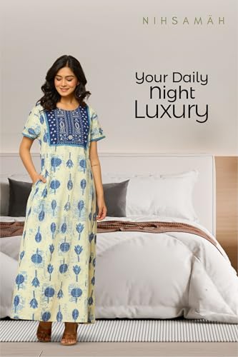 Image of NIHSAMAH Cotton Nighty for Women - Printed Stylish Night Gown, Comfortable Sleepwear Long Nightwear, Maxi