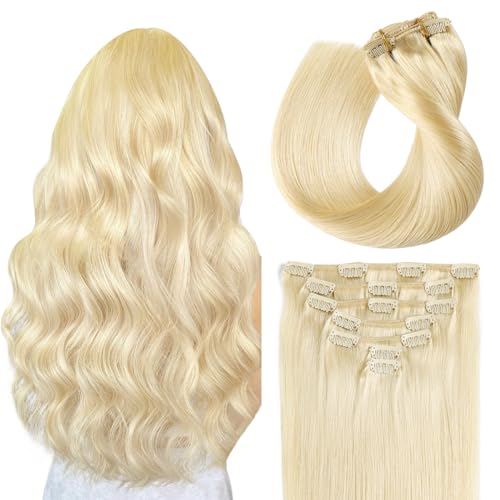 SUYYA Przedłużki do włosów, prawdziwe ludzkie włosy Remy, doczepiane metodą clip-in, proste, dla kobiet, podwójne pasma, 7 sztuk, 80 g, 51 cm, nr 613 (tleniony blond)
