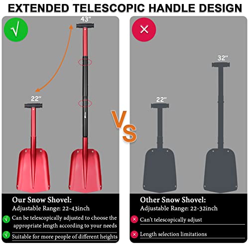 43" Aluminum Snow Shovel For Car Trunk Emergency, 4 Sections Collapsible Design Garden/Sport Utility Shovel Portable Snow Scoop Sand Mud Snow Removal Tool For Camping & Outdoor Activities (Red) #TOP4